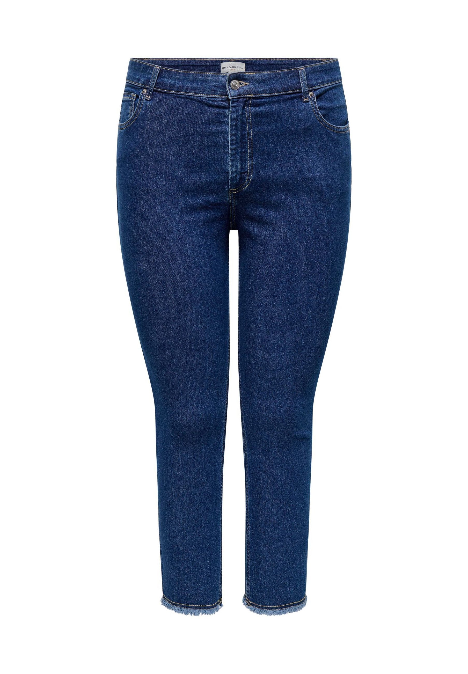Dunkelblaue Denim-Capri-Jeans mit hoher Taille, Fronttaschen und fransigem Saum. Glatte Textur mit klassischem Five-Pocket-Design.