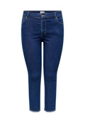 Dunkelblaue Denim-Capri-Jeans mit hoher Taille, Fronttaschen und fransigem Saum. Glatte Textur mit klassischem Five-Pocket-Design.