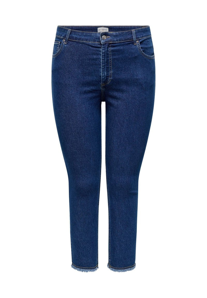 Dunkelblaue Denim-Capri-Jeans mit hoher Taille, Fronttaschen und fransigem Saum. Glatte Textur mit klassischem Five-Pocket-Design.