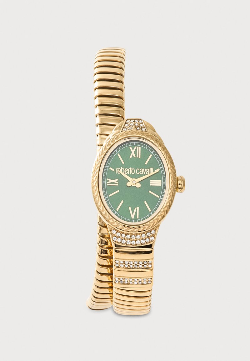 Goldfarbene, gewölbte Armbanduhr mit grünem Zifferblatt, römischen Ziffern, Kristallakzenten und flexiblem segmentiertem Armband von Roberto Cavalli.