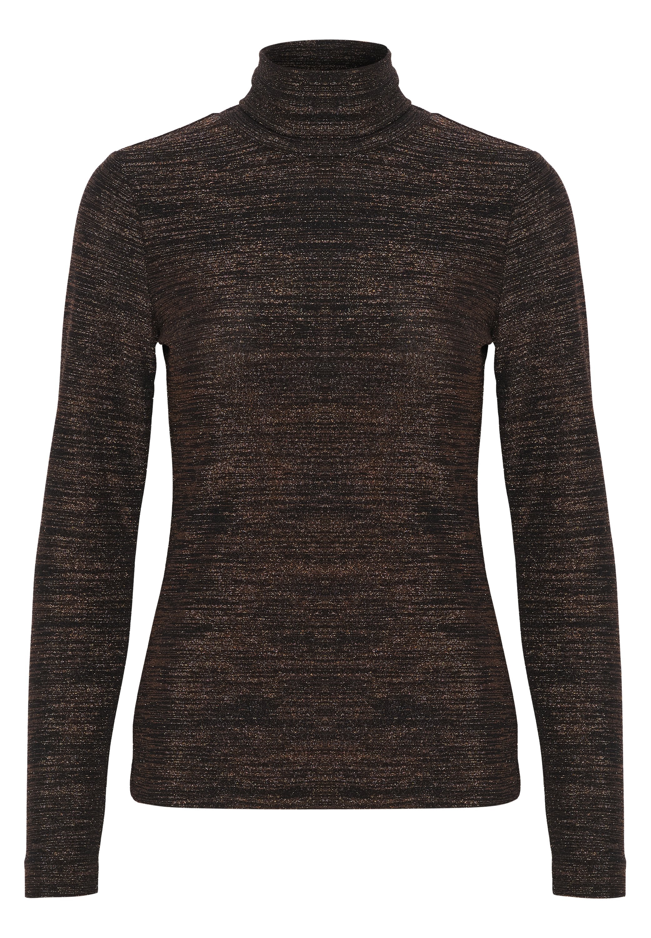 Brauner Rollkragenpullover mit strukturiertem, gestreiftem Muster und langen Ärmeln. Aus einem weichen, dehnbaren Material gefertigt. Keine Verzierungen.