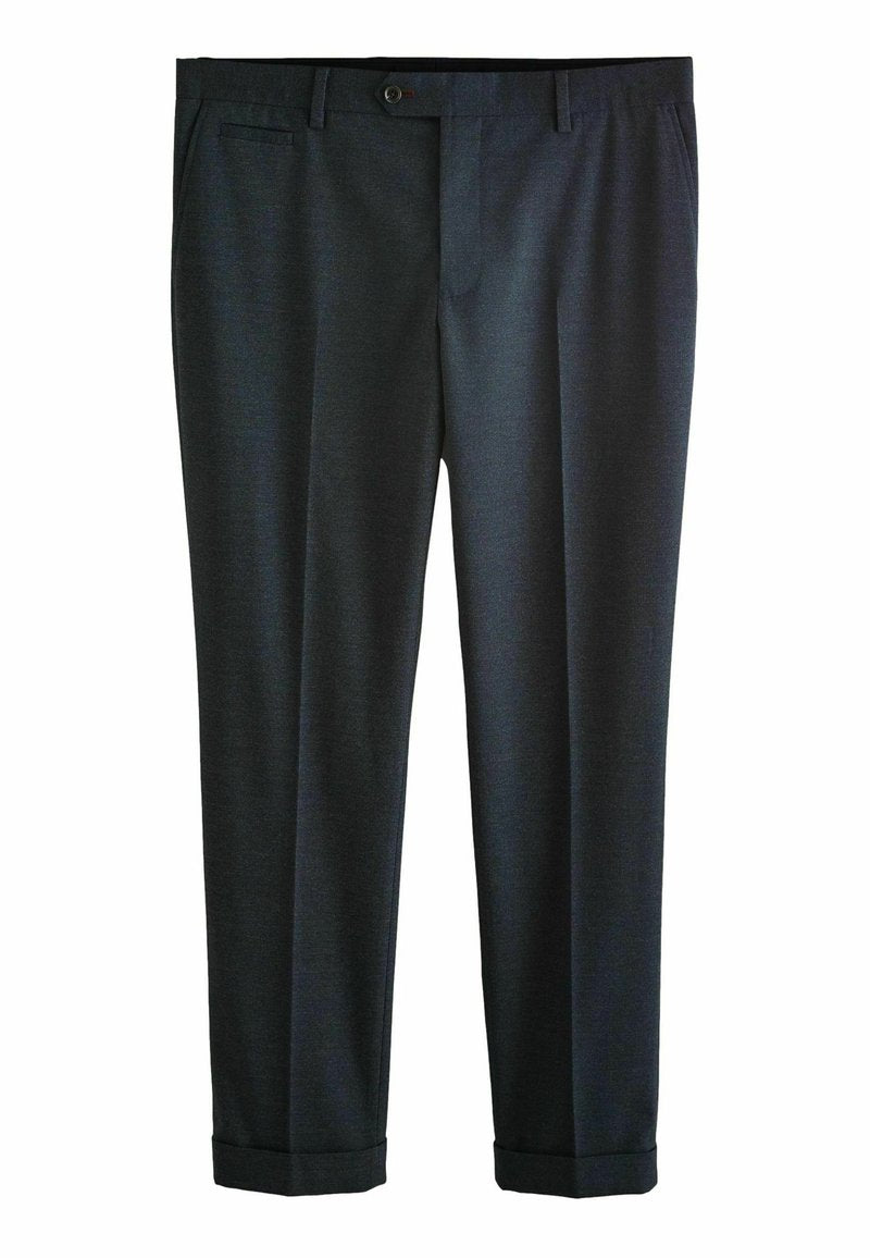 Herren-Hose in Dunkelgrau aus strukturiertem Stoff, mit flachem Frontschnitt, Seitentaschen und umgeschlagenen Säumen für einen maßgeschneiderten Sitz.