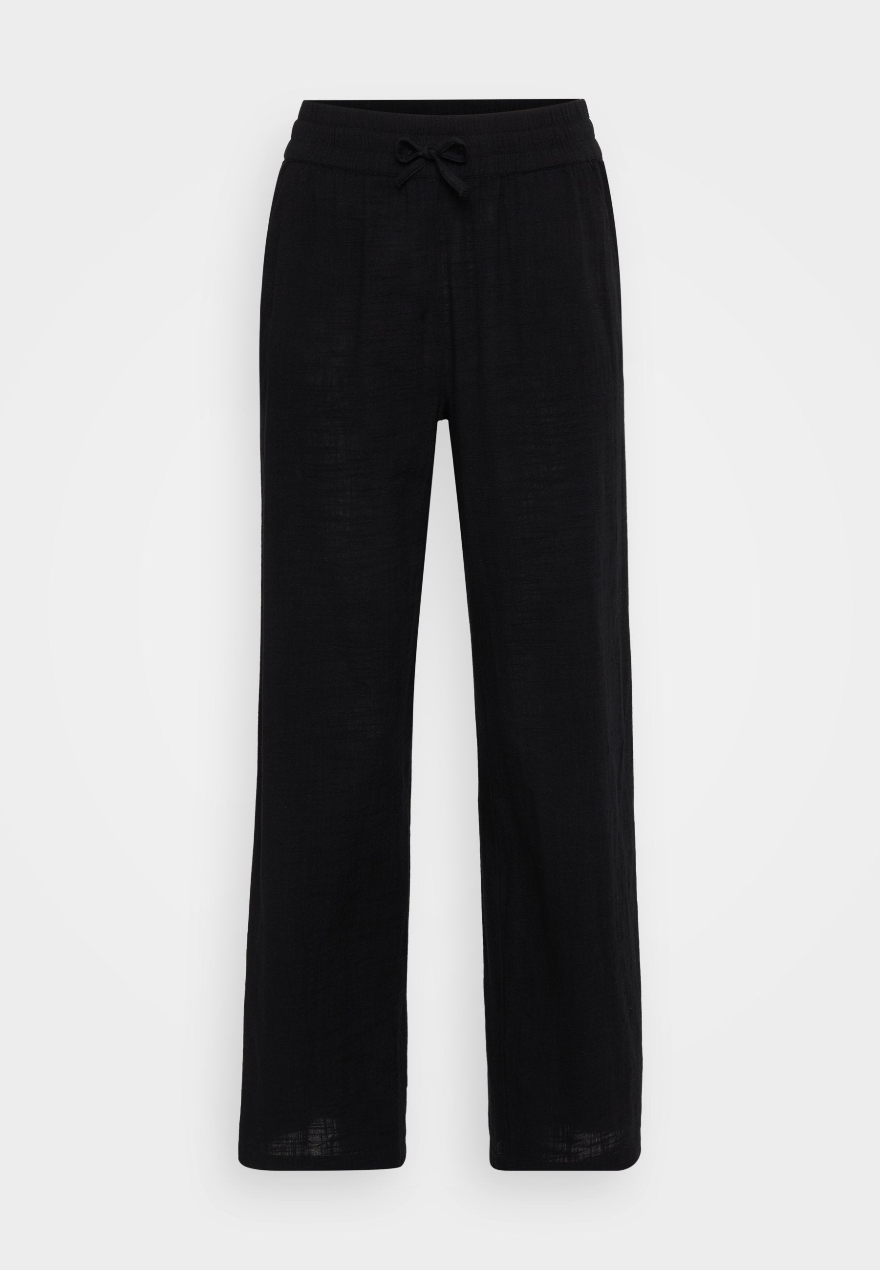 Schwarze Leinen-Haremshose mit elastischem Bund und Kordelzug. Glatte Textur, atmungsaktives Material und bodenlanger Schnitt.