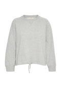 Grauer Pullover mit V-Ausschnitt, langen Ärmeln und Kordelzug am Saum. Weicher, strukturierter Stoff mit lockerer Passform.