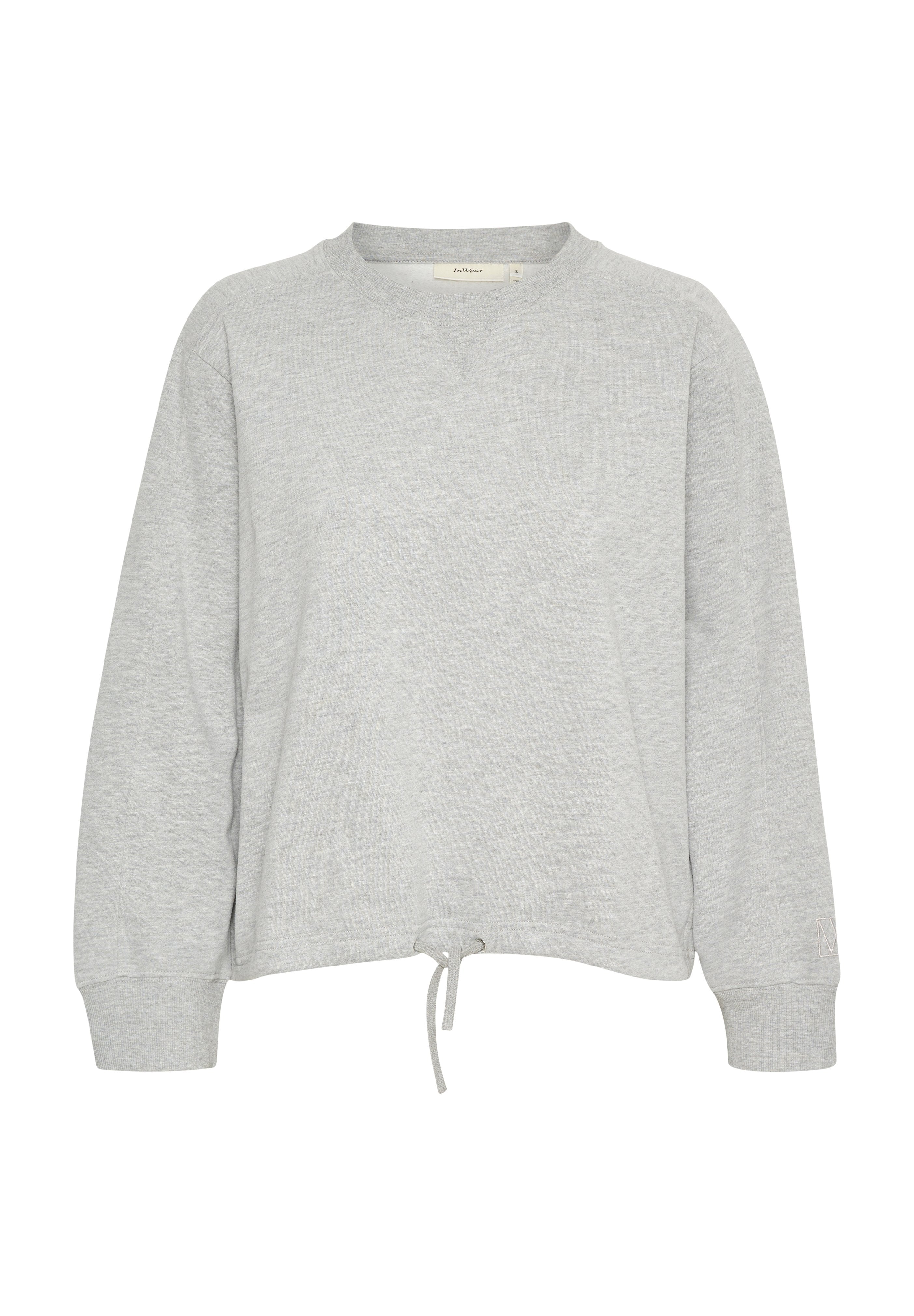 Grauer Pullover mit V-Ausschnitt, langen Ärmeln und Kordelzug am Saum. Weicher, strukturierter Stoff mit lockerer Passform.