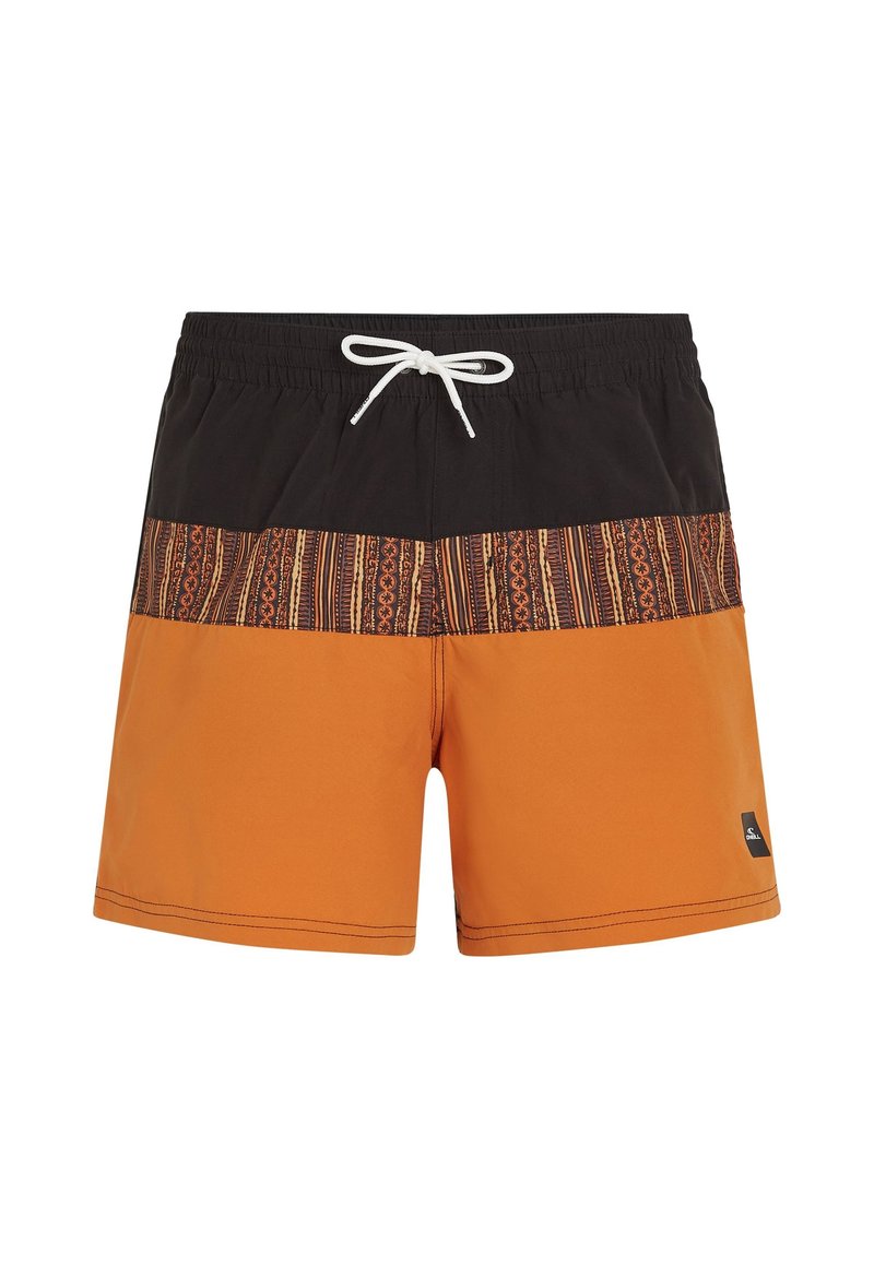 Herren Badehosen mit einem schwarzen oberen Bereich, einem orangefarbenen unteren Bereich und einem gemusterten Mittelband. Mit einem verstellbaren Kordelzug an der Taille und einem seitlichen Logo.