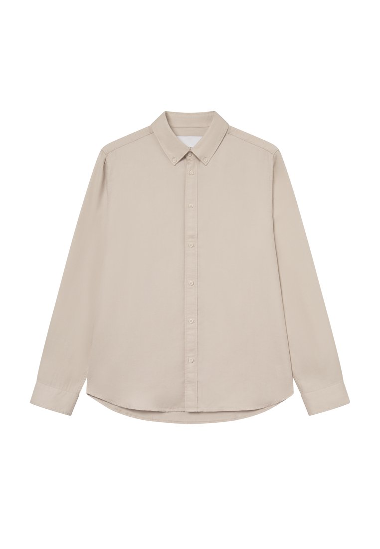 Helles beigefarbenes Langarmhemd mit einem Button-Down-Kragen, Frontblende und abgerundetem Saum. Hergestellt aus glattem Stoff mit einer weichen Textur.