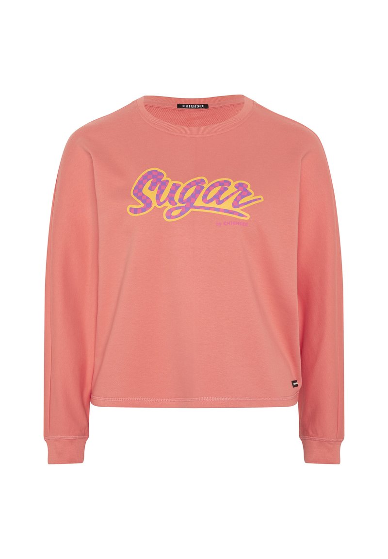 Rosa langärmliger Sweatshirt mit "Sugar" Grafik in Gelb und Lila. Verfügt über eine entspannte Passform, runden Halsausschnitt und gerippte Bündchen.