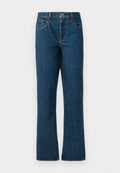 Dunkelblaue Denim-Jeans mit geradem Bein, ausgestattet mit fünf Taschen, einem mittelhohen Bund und kontrastierenden Nähdetails.