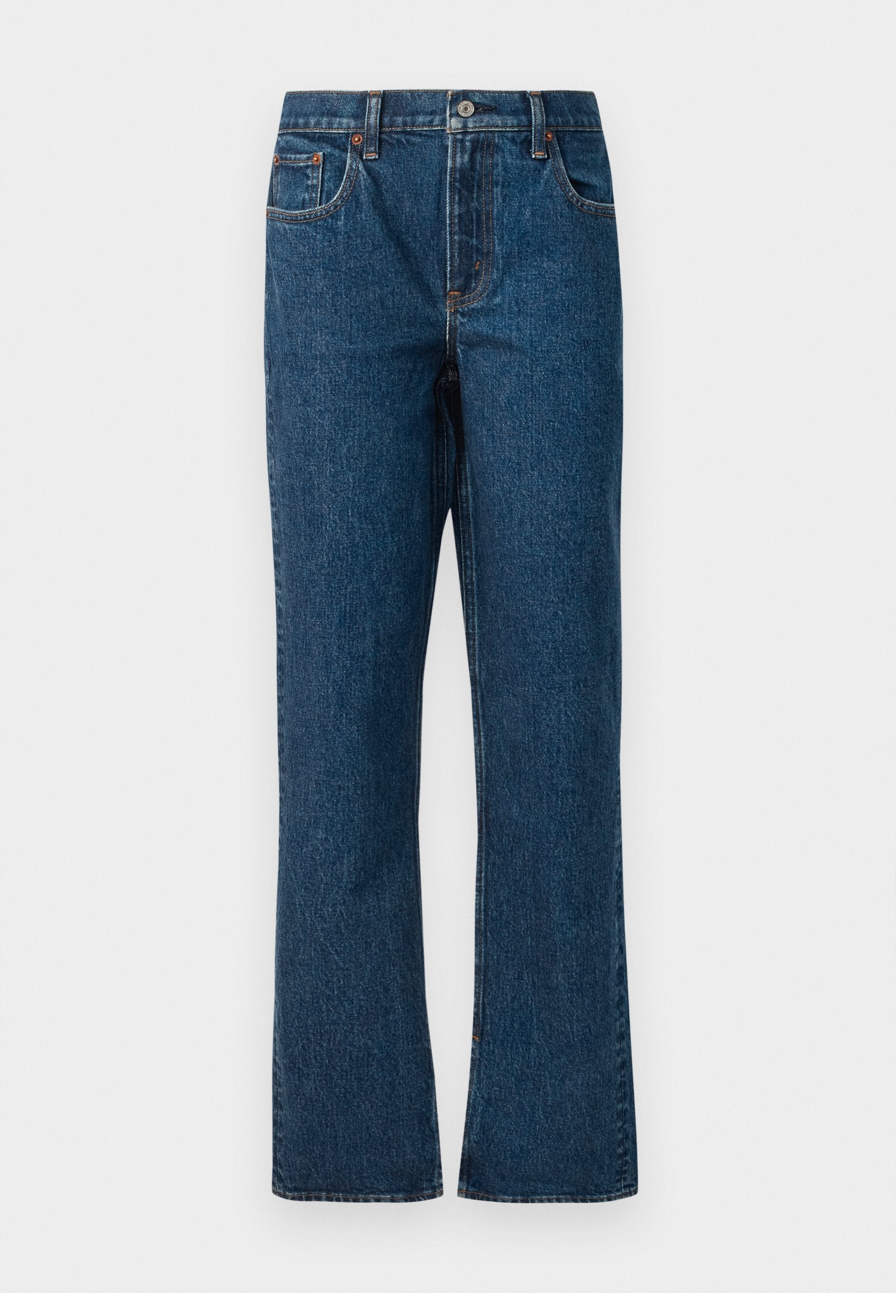 Dunkelblaue Denim-Jeans mit geradem Bein, ausgestattet mit fünf Taschen, einem mittelhohen Bund und kontrastierenden Nähdetails.
