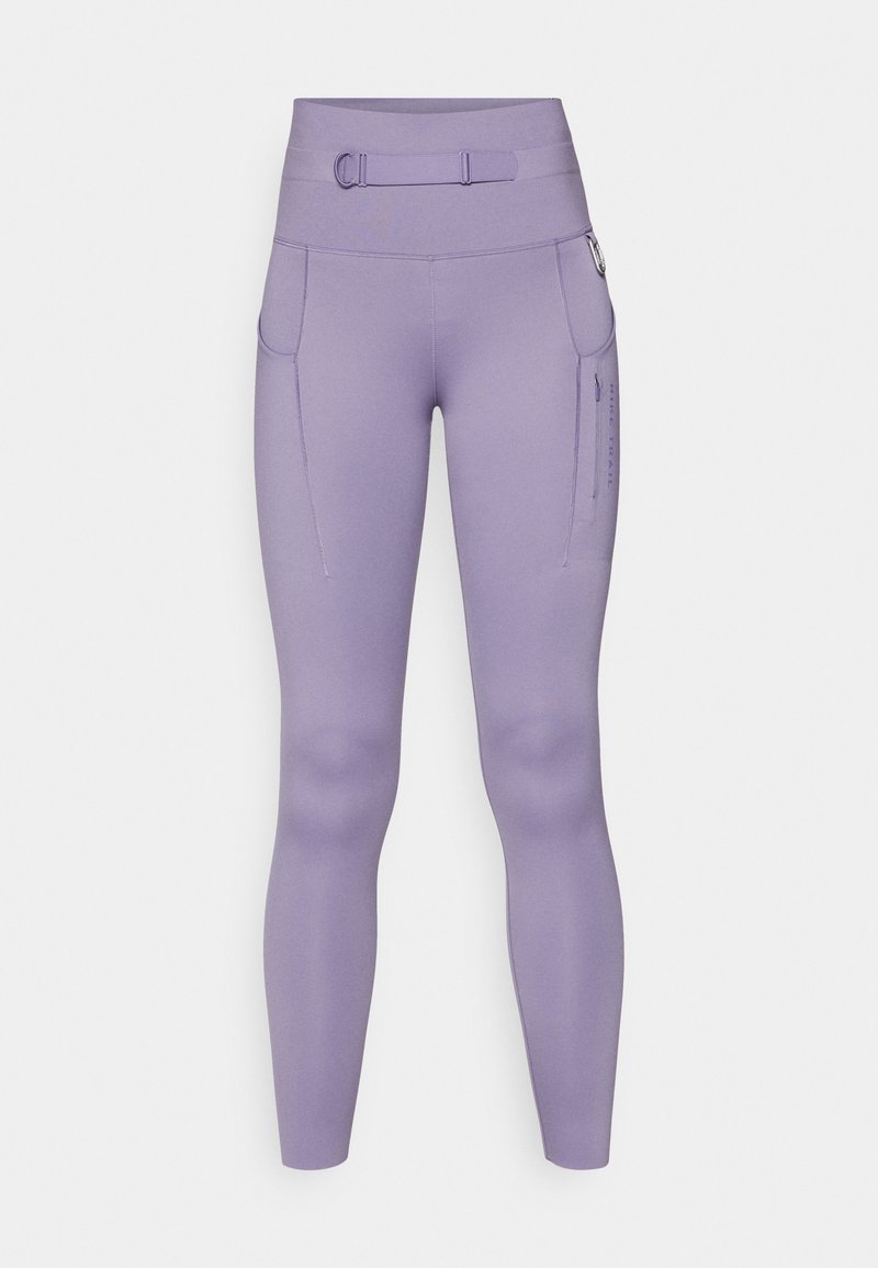 Helle lila, hoch taillierte Leggings mit einem Gürteldetail, seitlichen Taschen und glattem Stretchmaterial. Verfügt über verstärkte Kniepartien und minimalen Nähten.