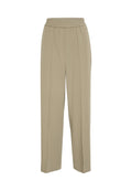 Beige maßgeschneiderte Hose mit einem elastischen Bund, ausgestattet mit Vorderfalten, geraden Beinen und einer glatten Textur.