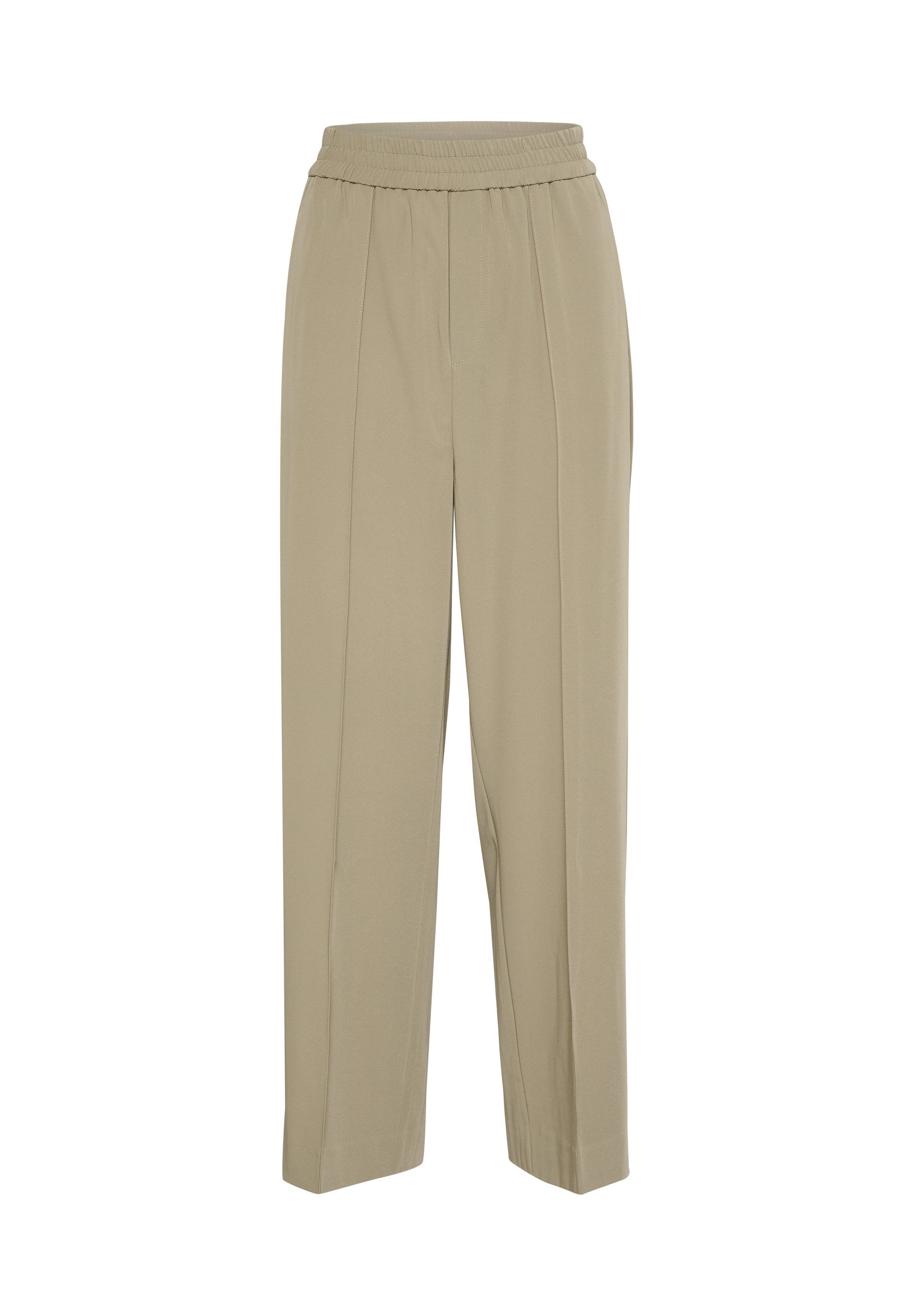 Beige maßgeschneiderte Hose mit einem elastischen Bund, ausgestattet mit Vorderfalten, geraden Beinen und einer glatten Textur.