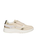 Beige und goldfarbener Sneaker mit perforierter Zehenpartie, seitlichem Reißverschluss, Schnürsenkeln vorne, strukturiertem Seitenpanel und dicker weißer Sohle.