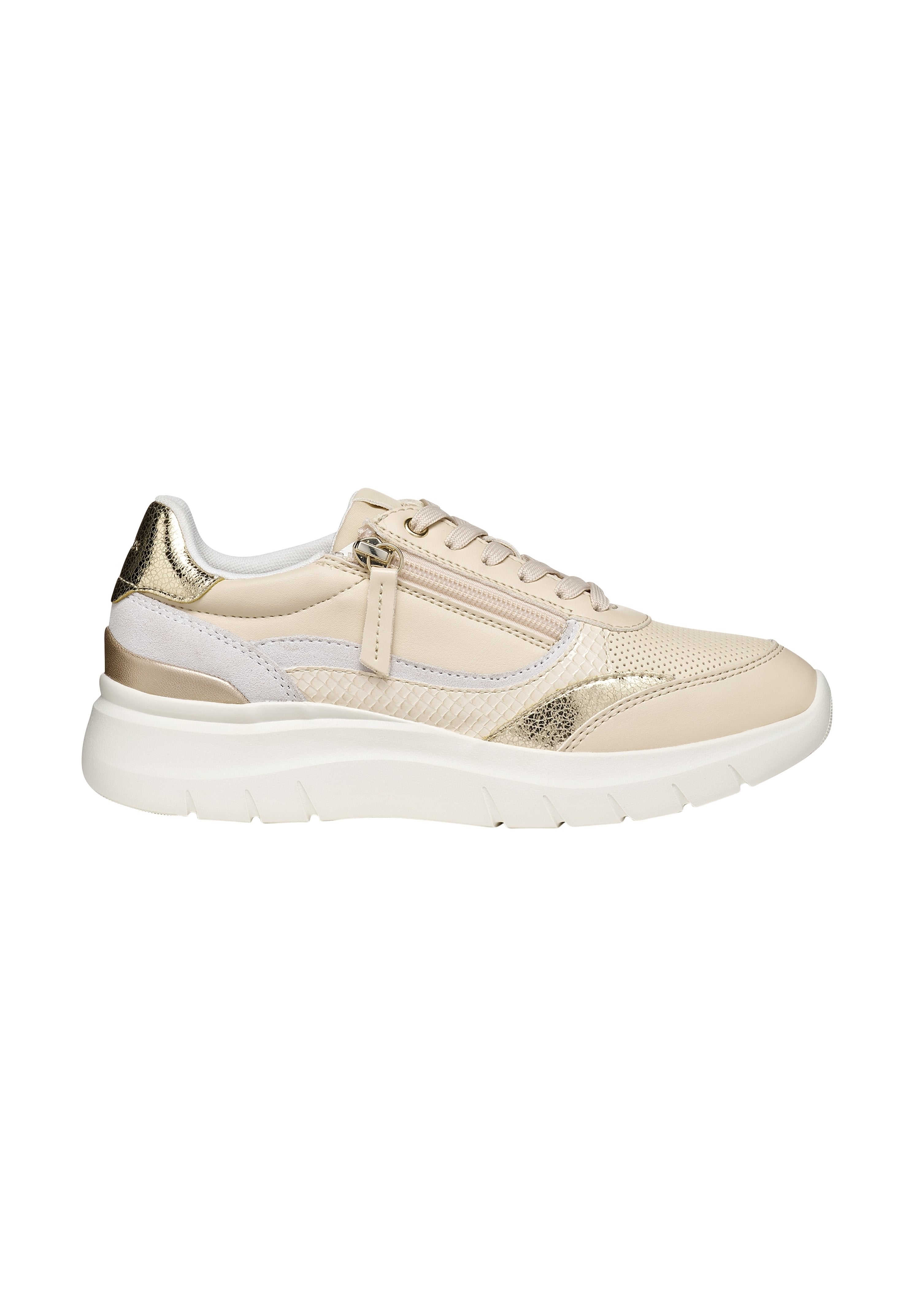 Beige und goldfarbener Sneaker mit perforierter Zehenpartie, seitlichem Reißverschluss, Schnürsenkeln vorne, strukturiertem Seitenpanel und dicker weißer Sohle.
