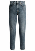 Jeans aus Denim in verblasstem Blau mit geradem Schnitt, hoher Taille, fünf Taschen-Design und dezenten Nähdetails entlang der Nähte.
