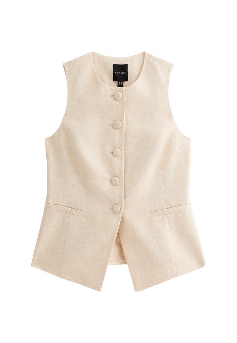 Beige Leinenweste mit geradem Schnitt, sieben großen Knopfverschlüssen und zwei Vorderaschen. Mit ärmellosem Design und dezentem Muster.