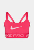 Rosa Sport-BH aus elastischem Material. Er verfügt über ein weißes Nike-Logo und einen gerippten Bund mit "NIKE PRO" in fetten Buchstaben. Verstellbare Träger.