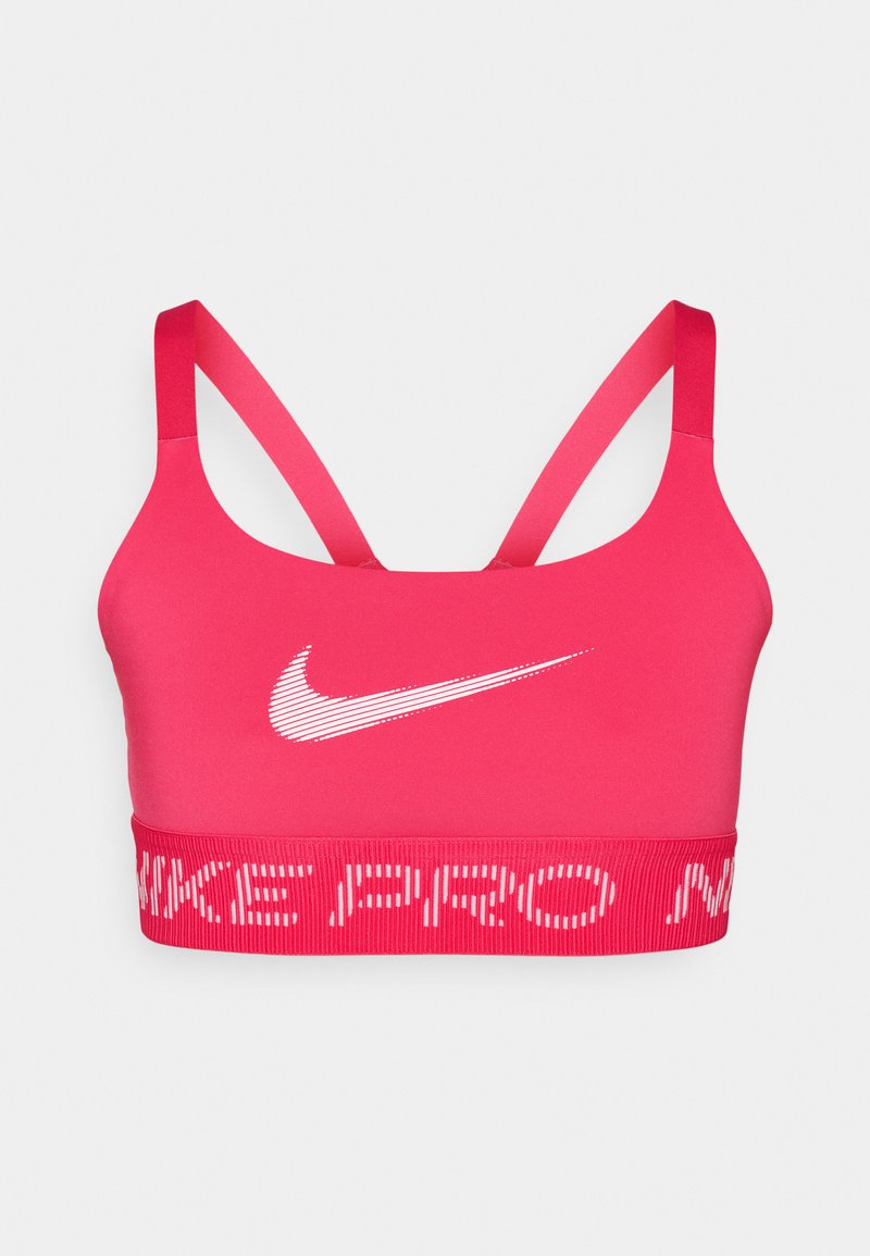 Rosa Sport-BH aus elastischem Material. Er verfügt über ein weißes Nike-Logo und einen gerippten Bund mit "NIKE PRO" in fetten Buchstaben. Verstellbare Träger.