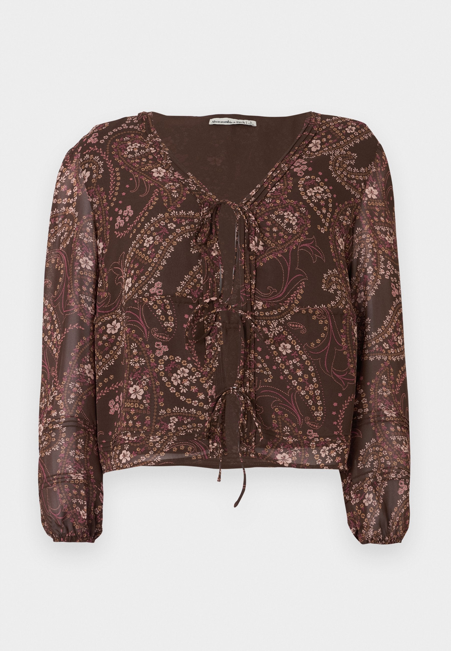 Braun gemusterte Bluse mit langen, elastischen Ärmeln, V-Ausschnitt und Kordelzug-Detail vorne. Verfügt über florale und paisleyartige Designs in gedämpften Farben.