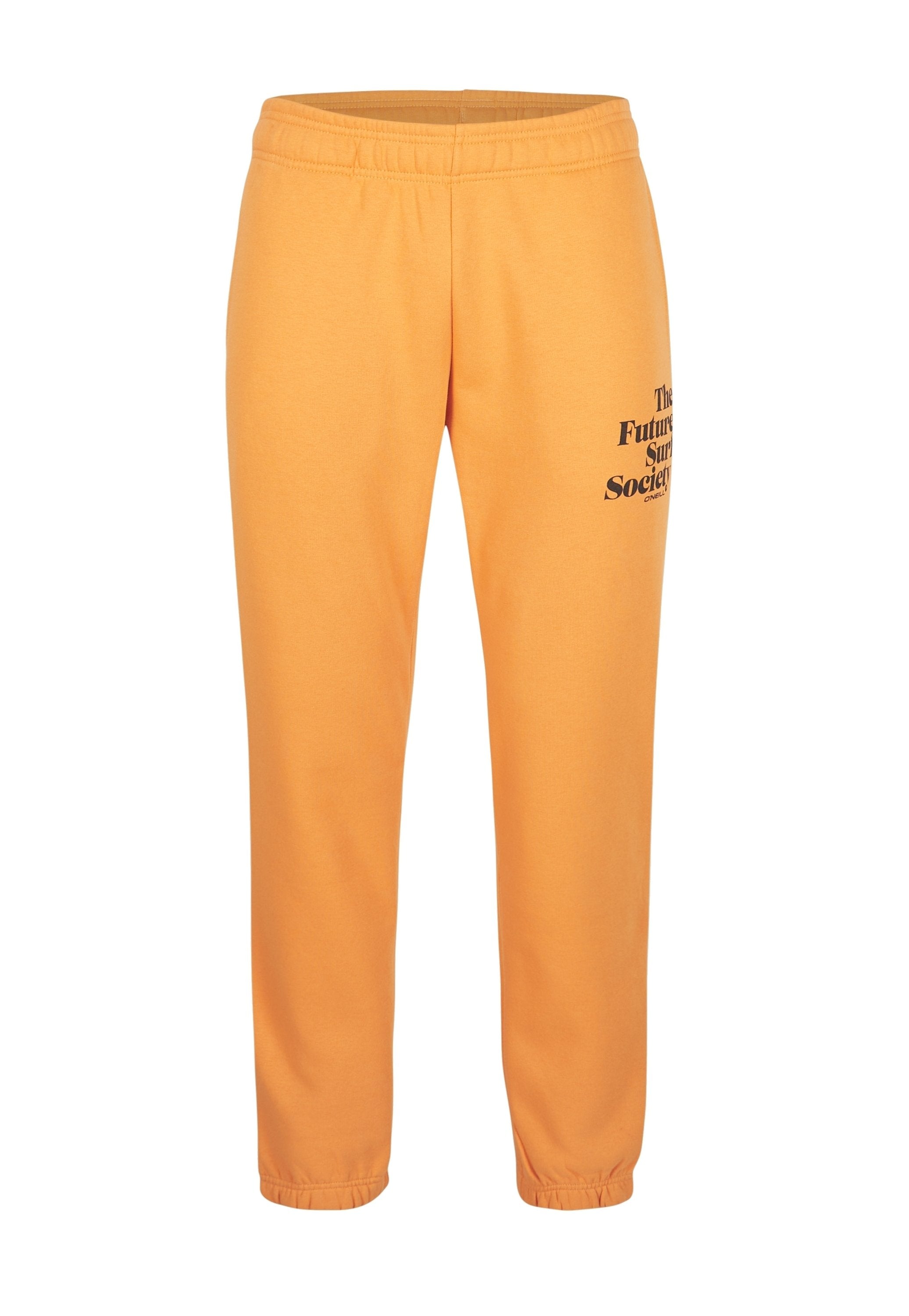 Orange Sweatpants mit elastischem Bündchen und Ärmelbündchen. Mit schwarzem Drucktext auf der linken Seite. Hergestellt aus einem weichen, bequemen Stoff.