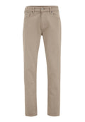 Beige Baumwollchinos mit geradem Bein, Reißverschluss und Fronttaschen. Verfügt über einfache Nähte und ein klassisches Knopf-Verschlussdetail.