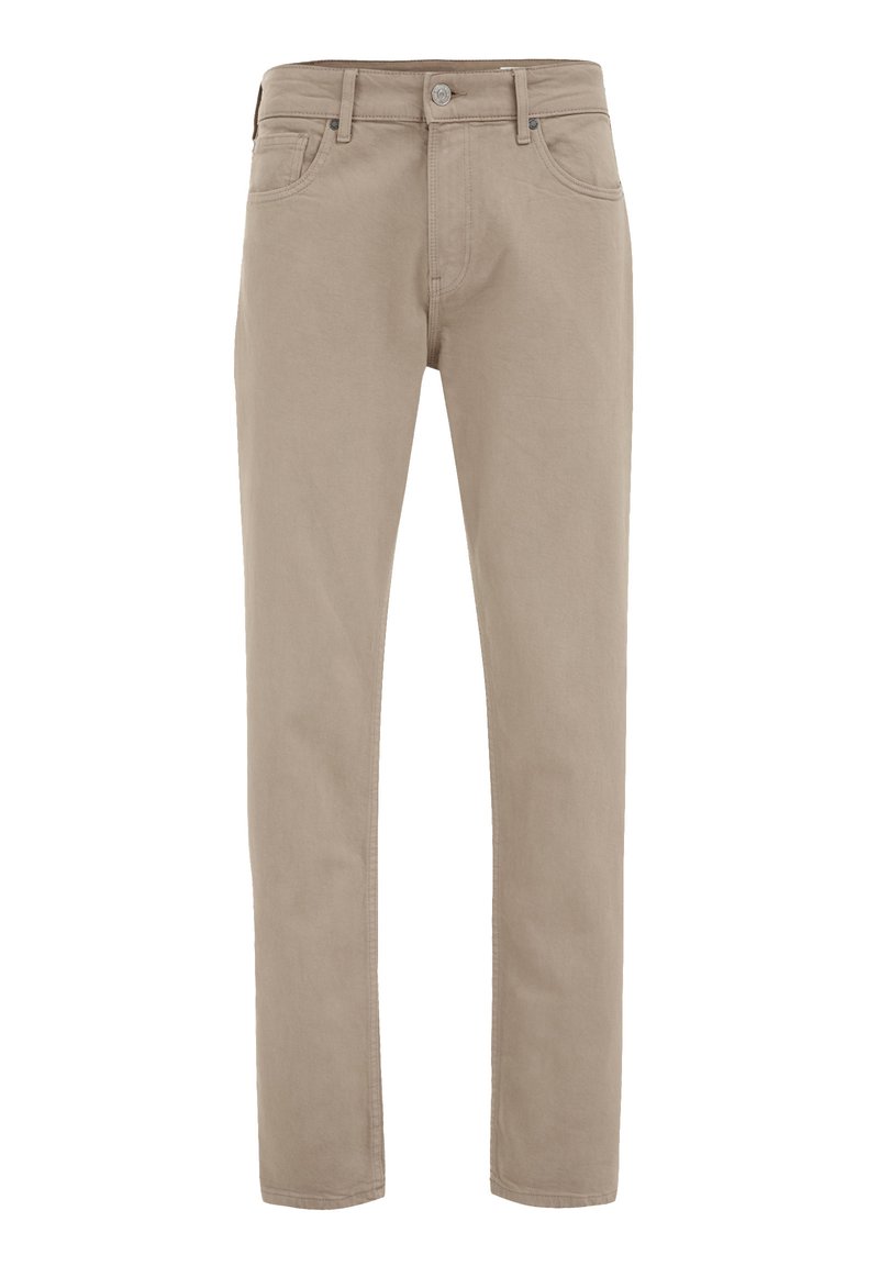 Beige Baumwollchinos mit geradem Bein, Reißverschluss und Fronttaschen. Verfügt über einfache Nähte und ein klassisches Knopf-Verschlussdetail.
