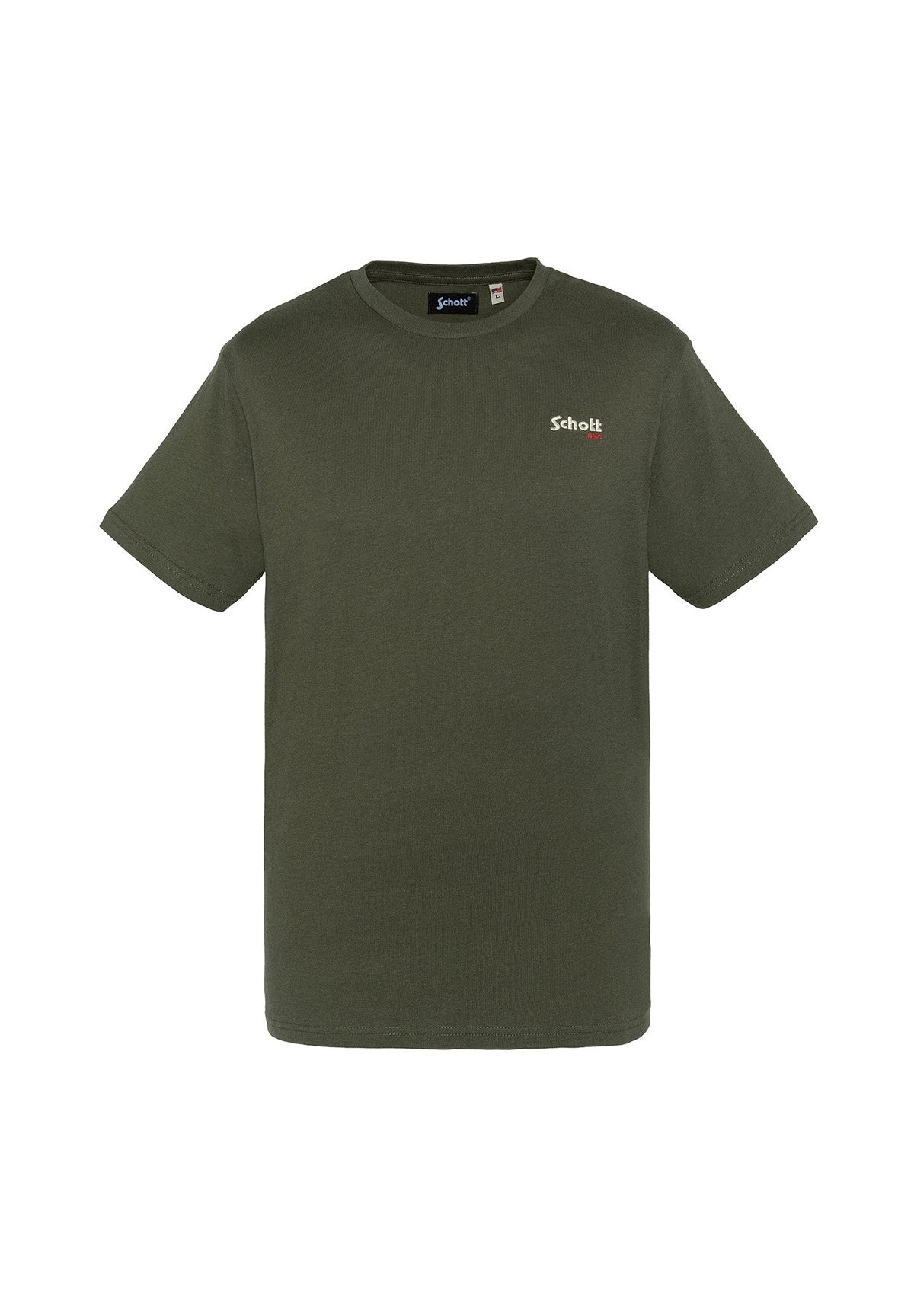Olivgrünes Baumwoll-T-Shirt mit kurzen Ärmeln, Rundhalsausschnitt und einem kleinen weißen Logo auf der linken Brust. Klassischer gerader Schnitt.