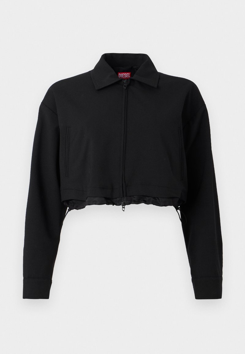 Schwarze, kurz geschnittene Jacke mit Reißverschluss vorne, zwei seitlichen Taschen und einem Kragen. Hergestellt aus glattem Stoff mit einer figurbetonten Silhouette.