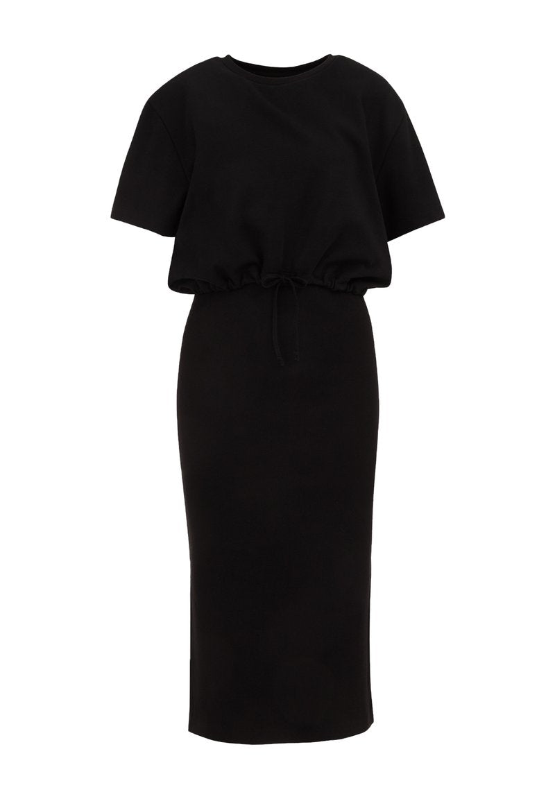 Schwarzes Midi-Kleid mit kurzen Ärmeln, tailliertem Bund und lockerer Passform. Schlichte Gestaltung, glatte Textur und minimalistischer Stil.