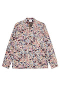 Langärmlige Bluse mit Blumenmuster in hellem Creme, bedruckt mit mehrfarbigen Blumen in Blau, Pink und Rot; mit Kragen und Knopfdetails.