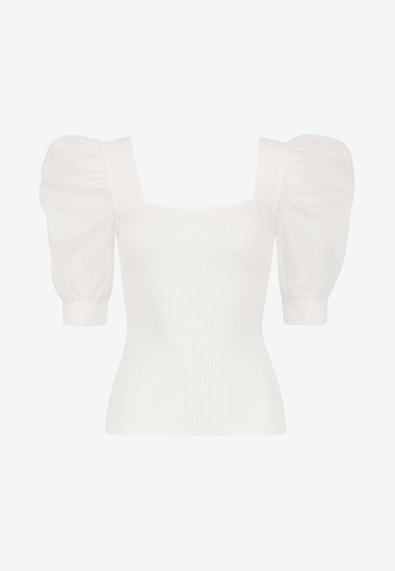 Weißes, geripptes Top mit quadratischem Ausschnitt, kurzen Puffärmeln und figurbetontem Schnitt. Glatte Textur, minimalistisches Design und einfarbige Farbe.