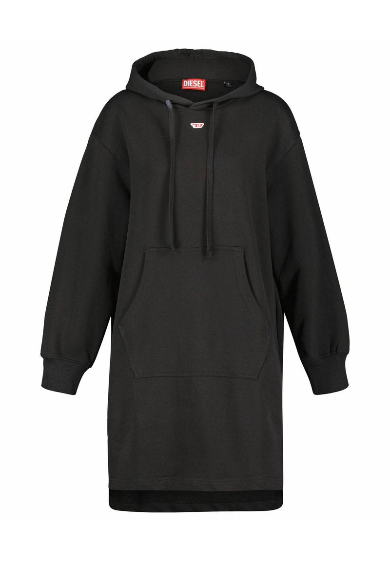 Schwarzes Kapuzensweatkleid aus weichem Material. Mit einer Fronttasche, gerippten Bündchen und einem kleinen Logo auf der Brust. Lässiges Design.