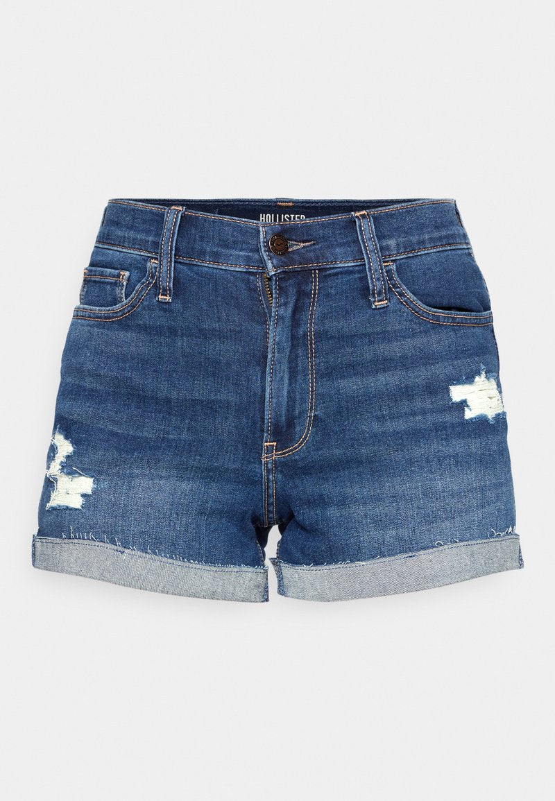 Dunkelblaue Denimshorts mit verwaschenem Muster und umgeschlagenem Saum. Verfügt über Vorder- und Hintertaschen sowie einen Knopf- und Reißverschluss.