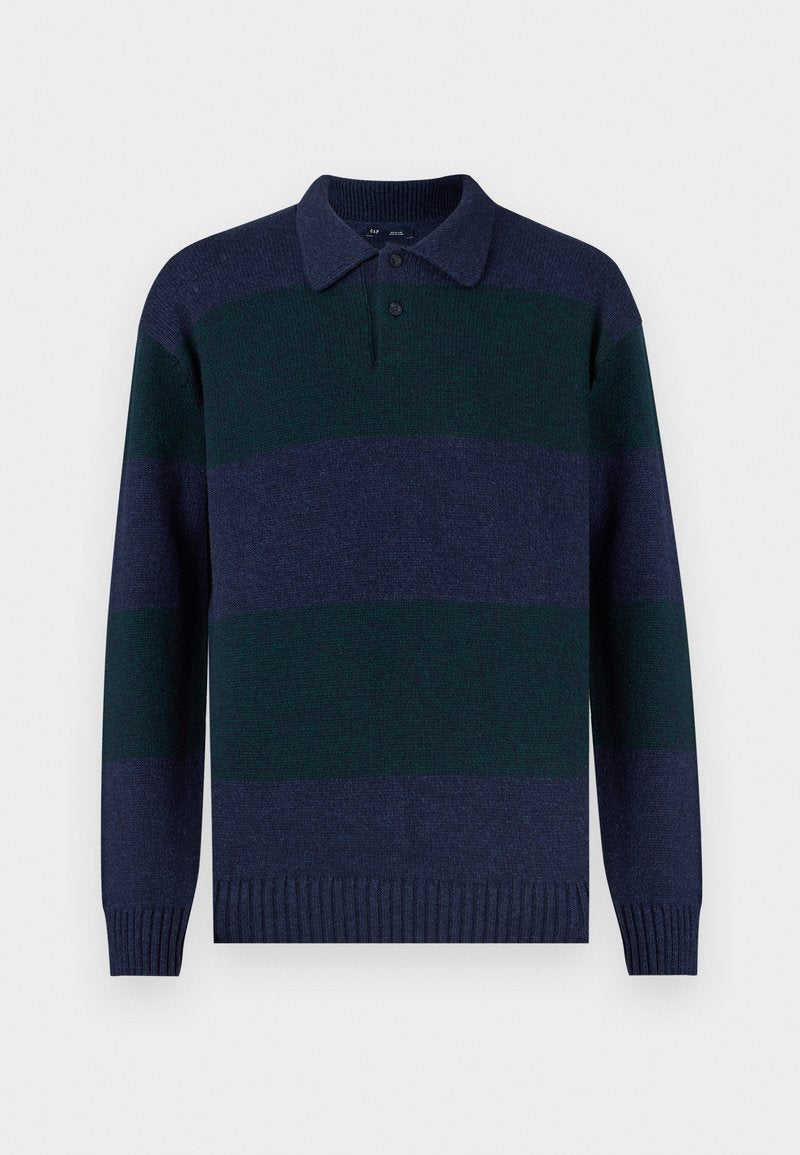 Dunkel gestrickter Polo-Pullover mit langen Ärmeln, der abwechselnd dunkle grüne und marineblaue Streifen aufweist, mit klassischem Kragen und geripptem Saum.