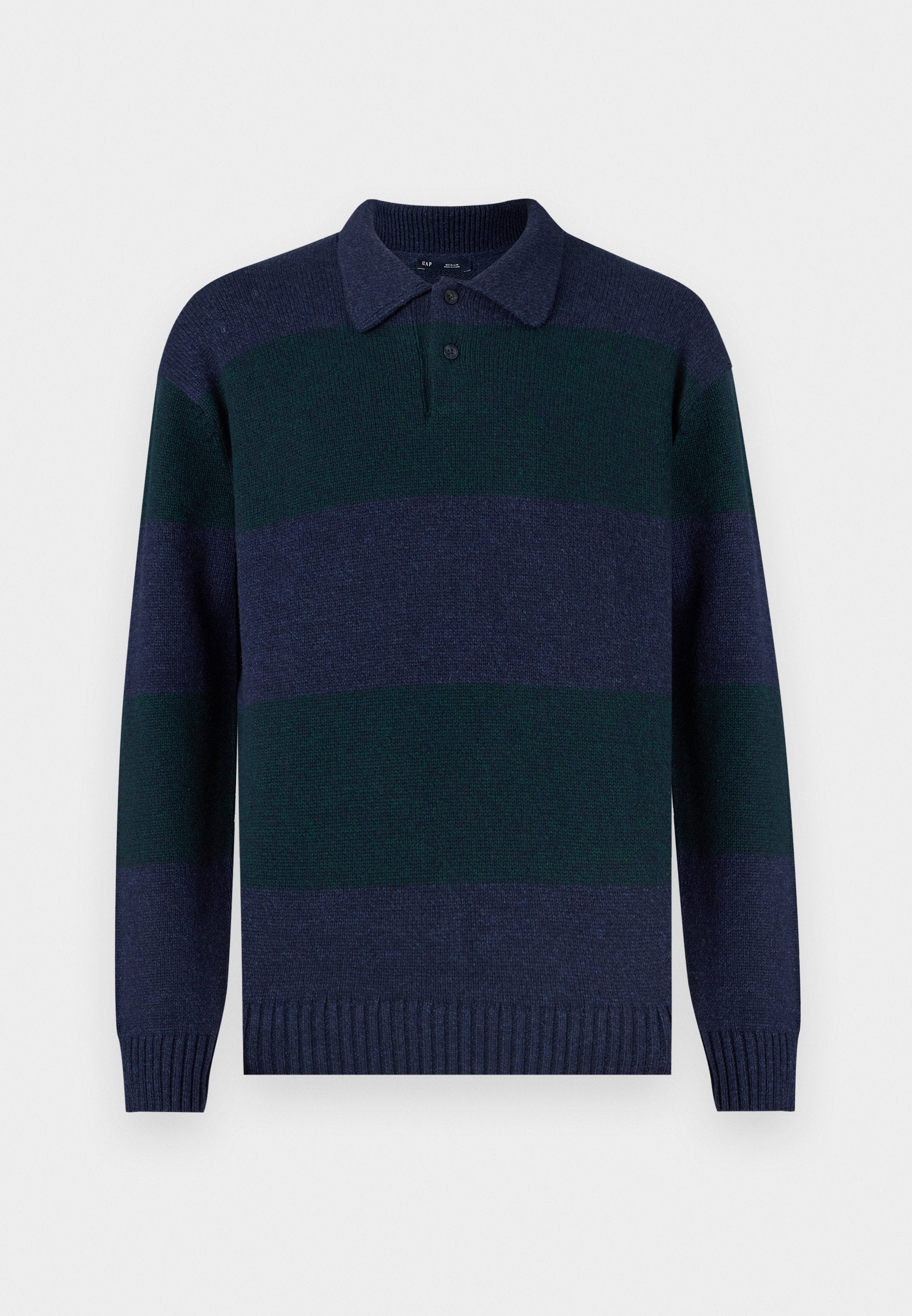Dunkel gestrickter Polo-Pullover mit langen Ärmeln, der abwechselnd dunkle grüne und marineblaue Streifen aufweist, mit klassischem Kragen und geripptem Saum.