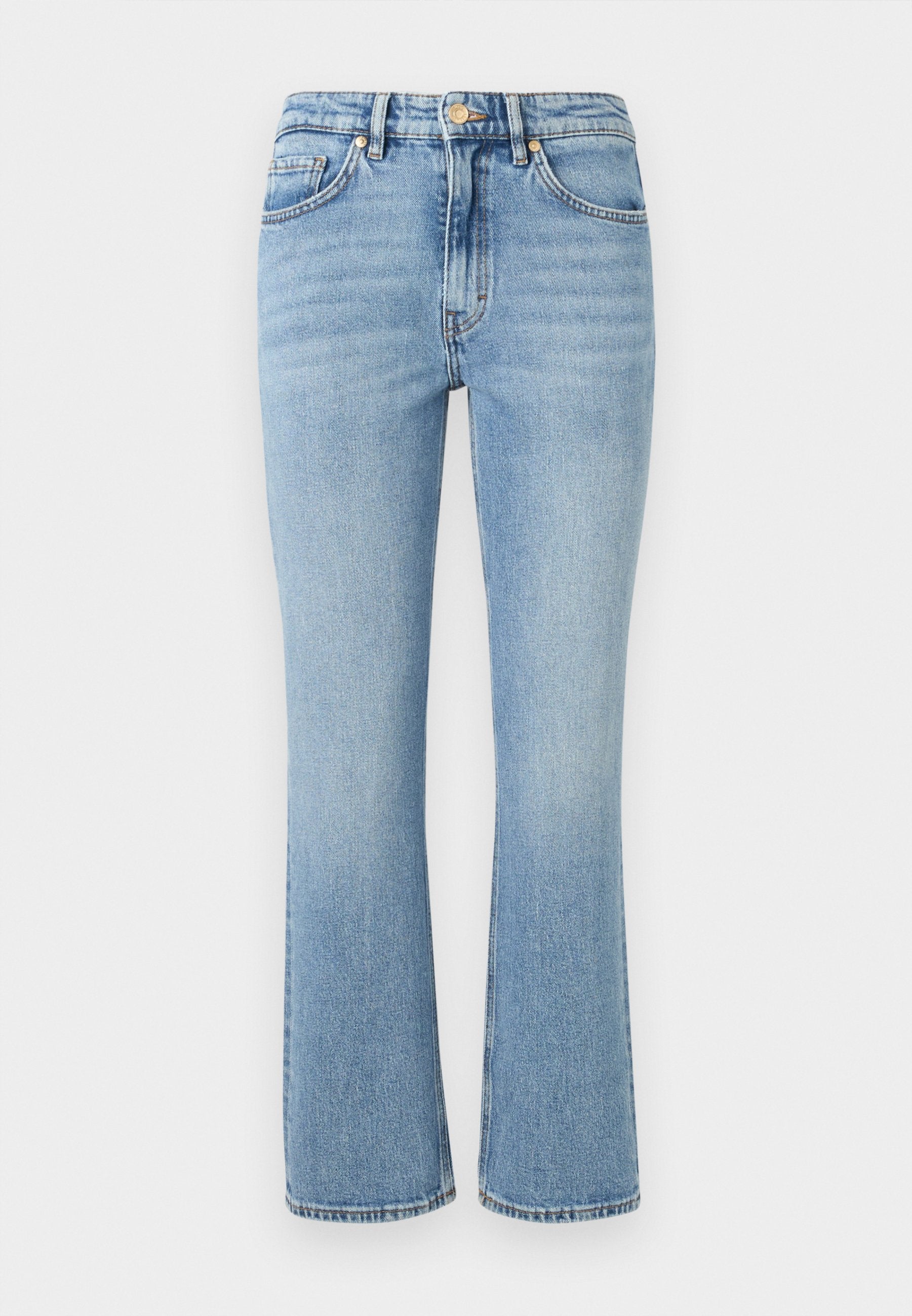 Helle blaue Denim-Jeans mit einem ausgestellten Schnitt, hoher Taille, fünf Taschen und goldenen Beschlägen. Sie zeichnet sich durch eine ausgewaschene Optik und gestickte Details aus.