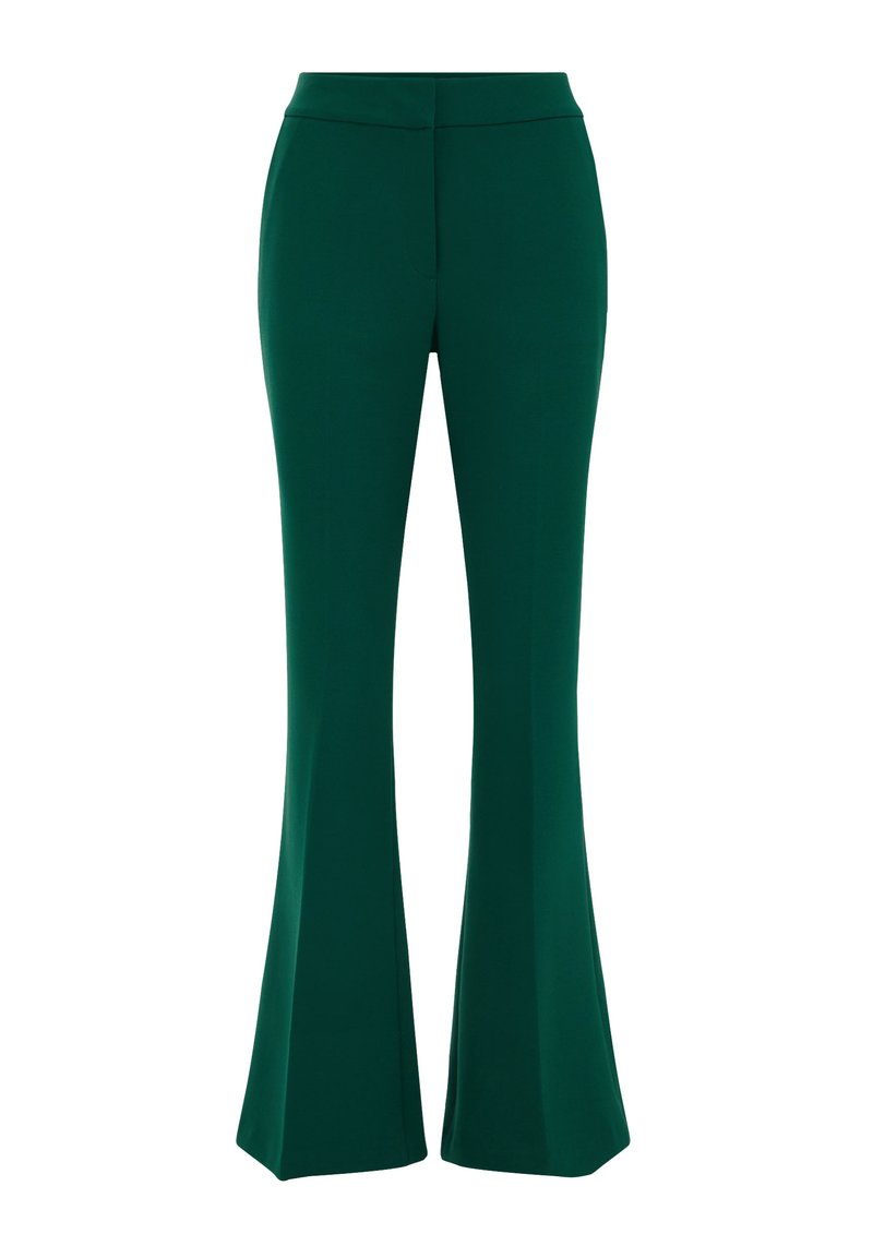 Grüne, ausgestellte Hose aus glattem Stoff, mit taillierter Passform und einem schlichten Design ohne sichtbare Muster oder Akzente.
