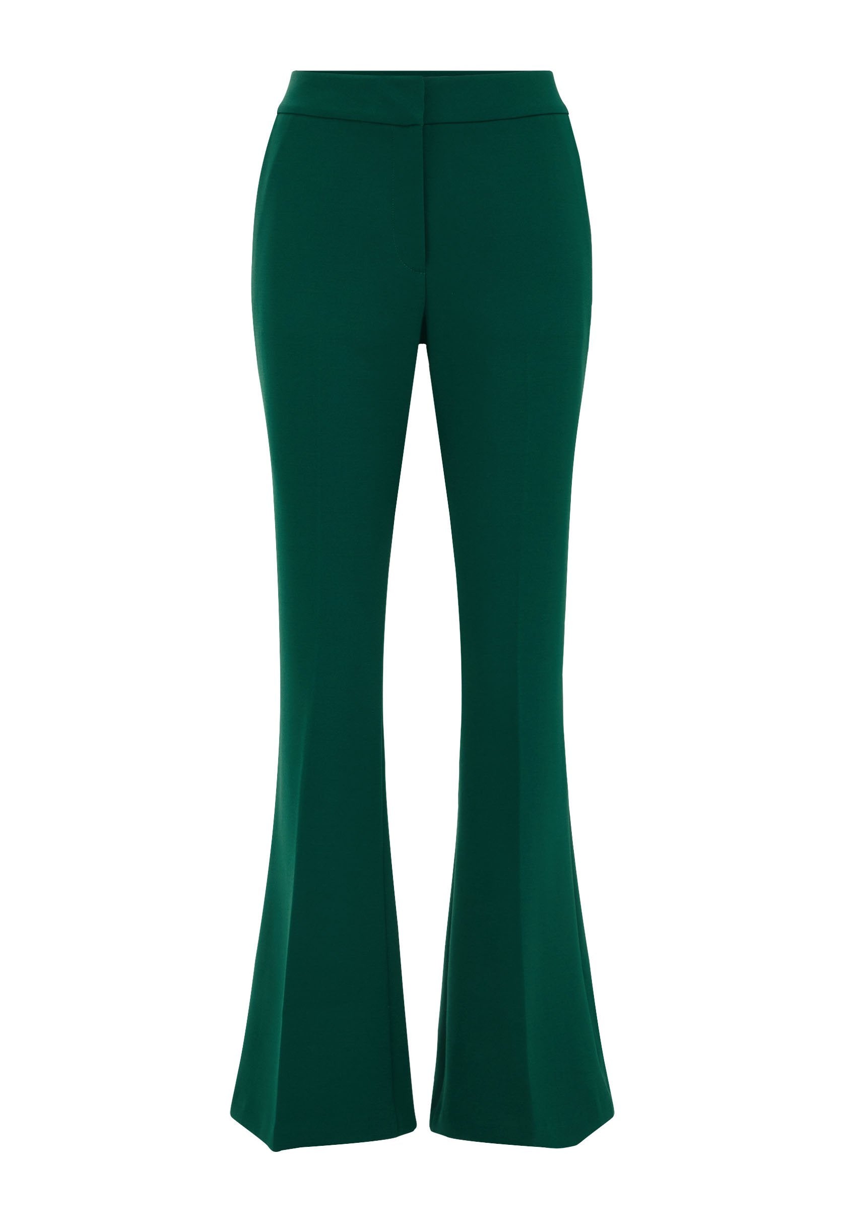 Grüne, ausgestellte Hose aus glattem Stoff, mit taillierter Passform und einem schlichten Design ohne sichtbare Muster oder Akzente.