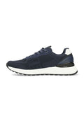 Marinefarbene Sportschuhe mit einem Obermaterial aus Mesh, texturierten Akzenten, einer weißen Zwischensohle und einer schwarzen Fersenkappe. Verfügt über ein Schnürdesign.