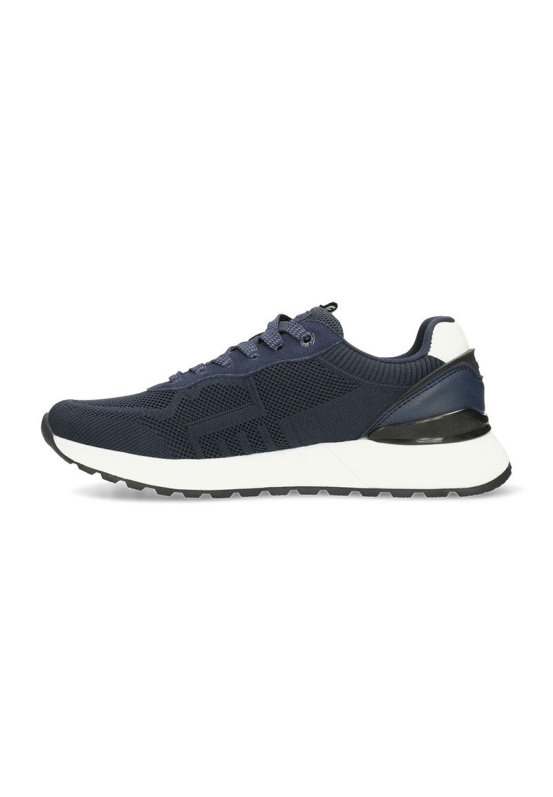 Marinefarbene Sportschuhe mit einem Obermaterial aus Mesh, texturierten Akzenten, einer weißen Zwischensohle und einer schwarzen Fersenkappe. Verfügt über ein Schnürdesign.