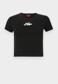 Schwarzes, kurzes T-Shirt aus Baumwolle mit einem weißen Schriftzug "Hugo" auf der Brust und einem runden Ausschnitt. Kurze Ärmel.