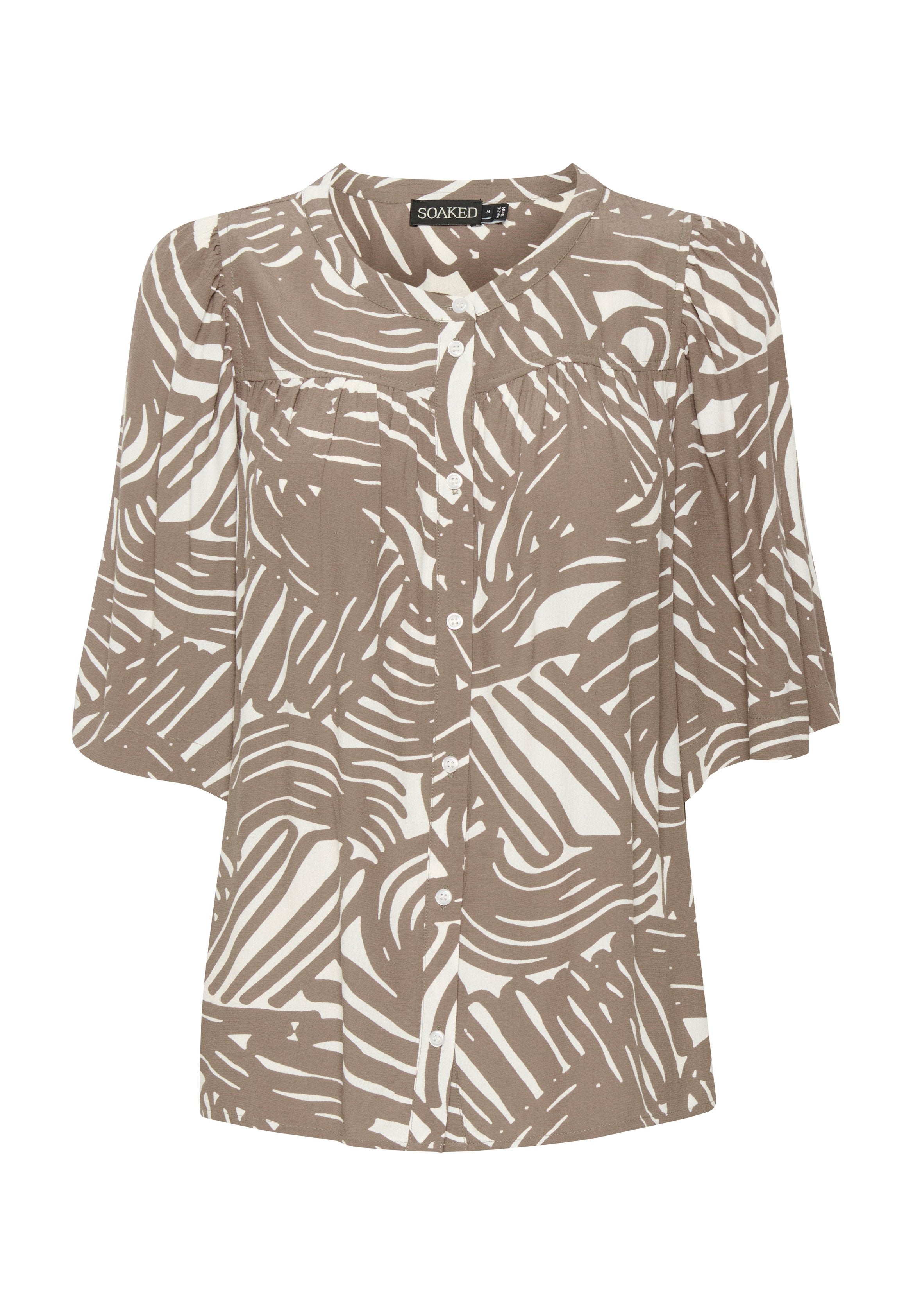 Braune Bluse mit Knöpfen, weißen abstrakten Mustern, kurzen Ärmeln und rundem Halsausschnitt. Hat einen lockeren Schnitt und strukturierte Stoffe.