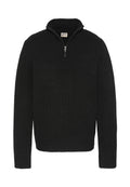 Schwarzer gerippter Pullover mit Reißverschluss am Kragen. Verfügt über lange Ärmel und ein strukturiertes Stoffmuster. Klassisches, vielseitiges Design.