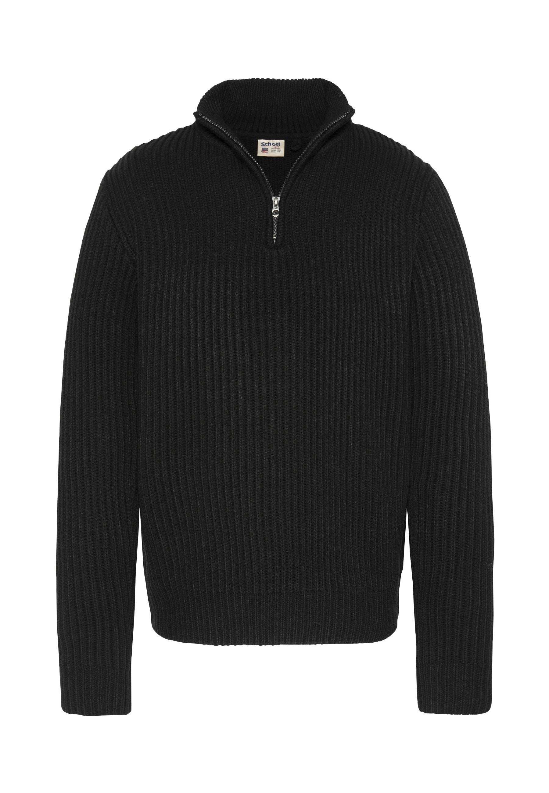 Schwarzer gerippter Pullover mit Reißverschluss am Kragen. Verfügt über lange Ärmel und ein strukturiertes Stoffmuster. Klassisches, vielseitiges Design.