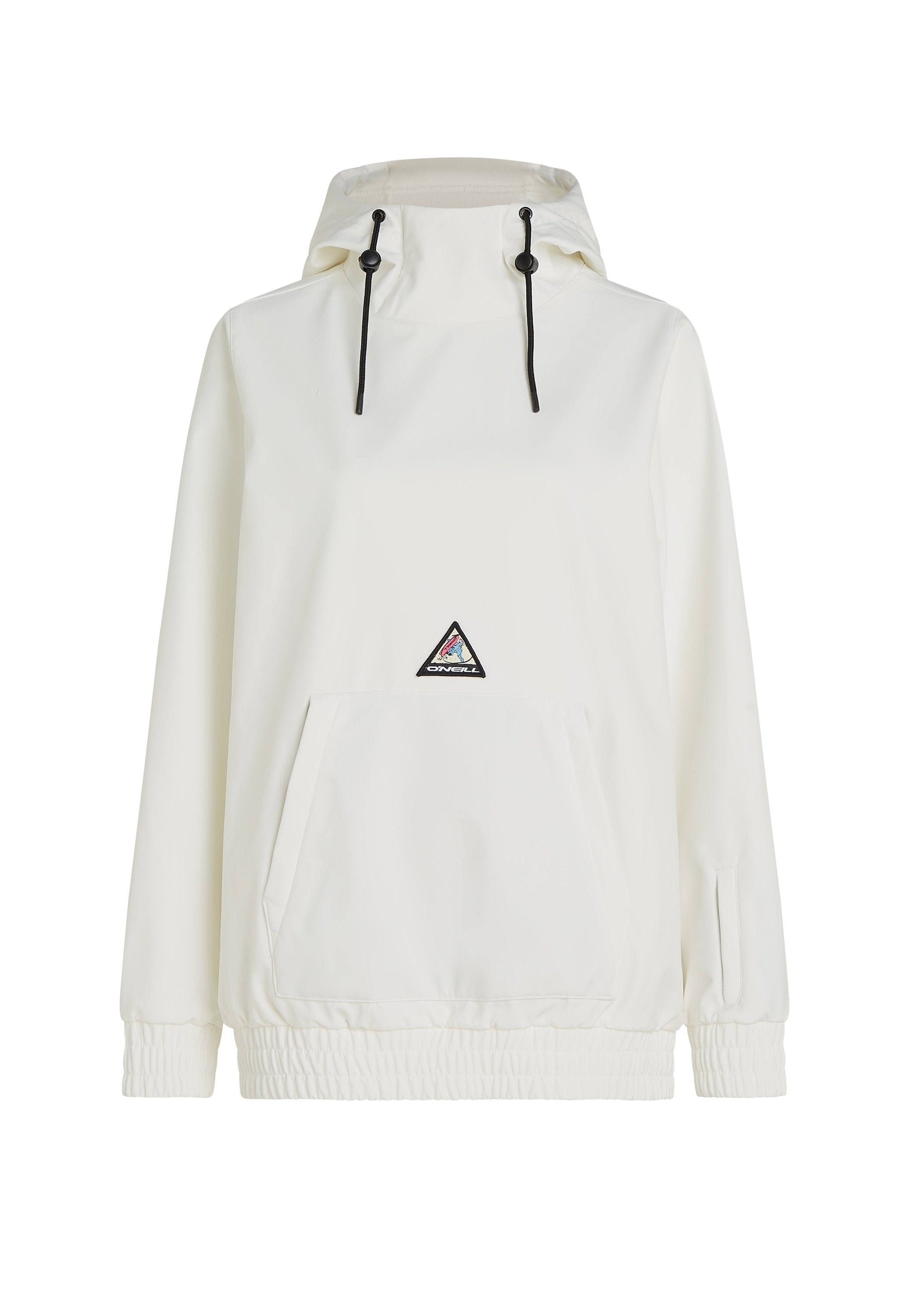 Weißer Windbreaker mit Kapuze, Kordelzug, Vordertasche, elastischen Bündchen und Saum. Mit einem dreieckigen Logopatch auf der Brust.