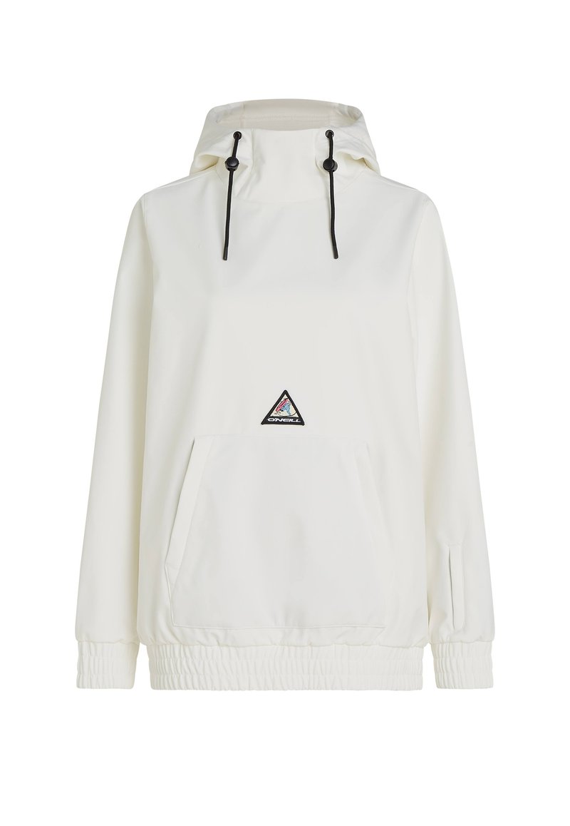 Weißer Windbreaker mit Kapuze, Kordelzug, Vordertasche, elastischen Bündchen und Saum. Mit einem dreieckigen Logopatch auf der Brust.