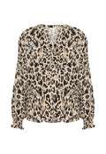 Bluse mit Leopardenmuster aus leichtem Stoff, mit V-Ausschnitt, langen Ballonärmeln und gefransten Ärmelbündchen. Die Farben sind Beige, Schwarz und Braun.