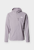 Hellviolette Kapuzenjacke mit durchgehendem Reißverschluss, drei Reißverschlusstaschen und The North Face Logo auf der Brust.