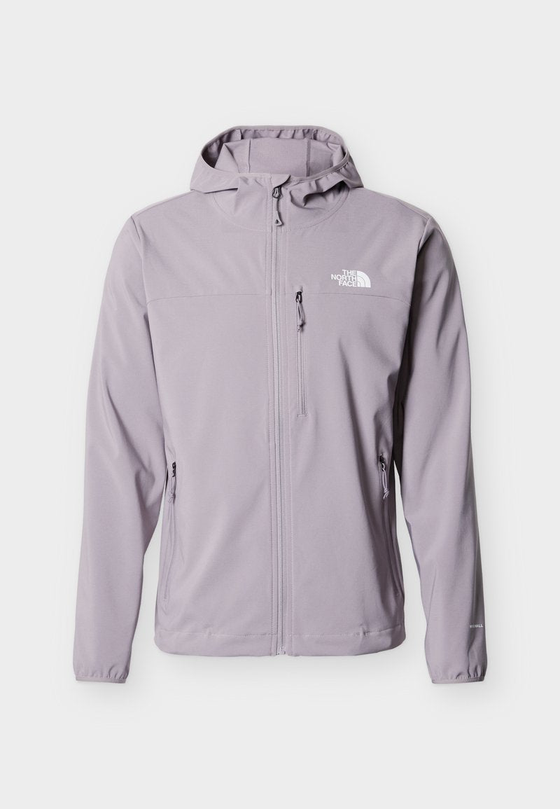 Hellviolette Kapuzenjacke mit durchgehendem Reißverschluss, drei Reißverschlusstaschen und The North Face Logo auf der Brust.